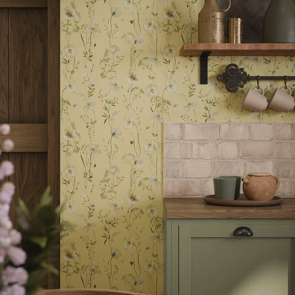 Delicate Stems Wallpaper - Shades of Cream on Soft Lemon - Lucie Annabel