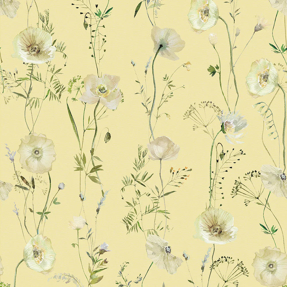 Delicate Stems Wallpaper - Shades of Cream on Soft Lemon - Lucie Annabel