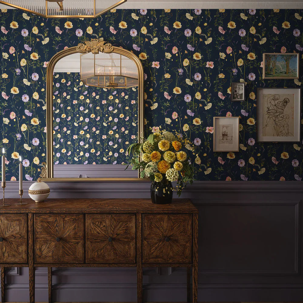 Delicate Stems Wallpaper - Soft Pastels on Classic Navy - Lucie Annabel