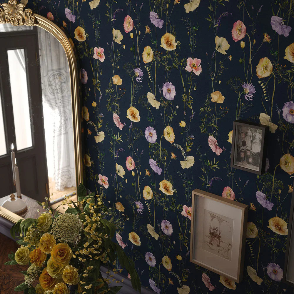 Delicate Stems Wallpaper - Soft Pastels on Classic Navy - Lucie Annabel