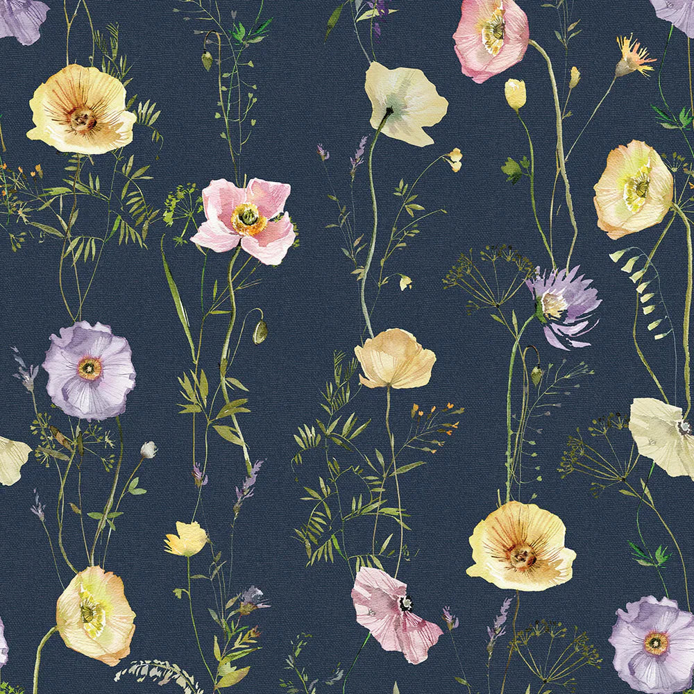 Delicate Stems Wallpaper - Soft Pastels on Classic Navy - Lucie Annabel