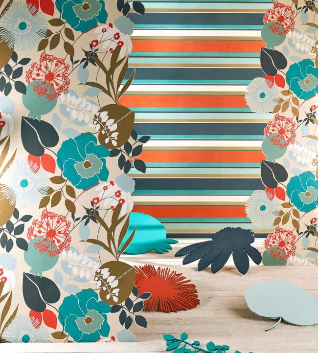 Doyenne Wallpaper - Sky/Olive/Coral - HSTO111493 - Harlequin