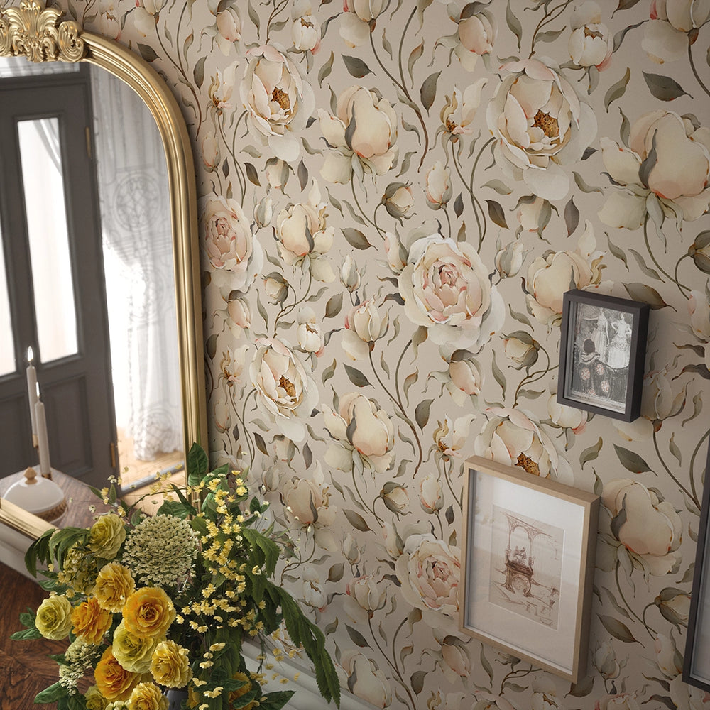 Enchanted Roses Wallpaper - Blush on Castle Stone - Lucie Annabel
