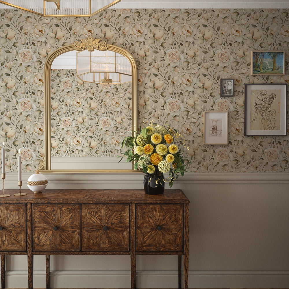 Enchanted Roses Wallpaper - Blush on Castle Stone - Lucie Annabel