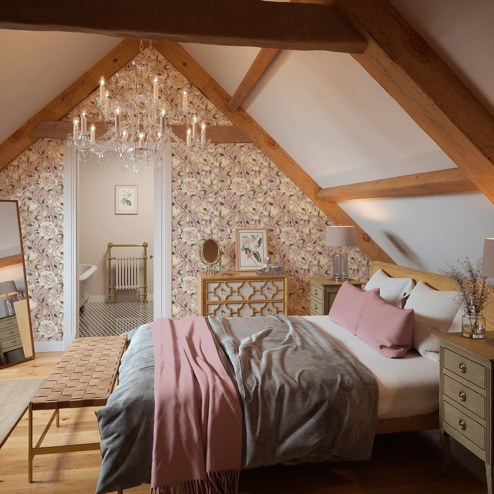 Enchanted Roses Wallpaper - Blush on Dusky Pink - Lucie Annabel