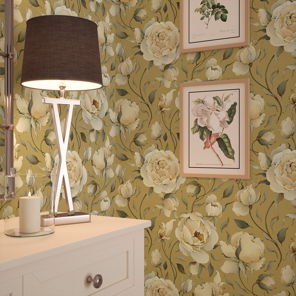 Enchanted Roses Wallpaper - Ivory on Antique Gold - Lucie Annabel