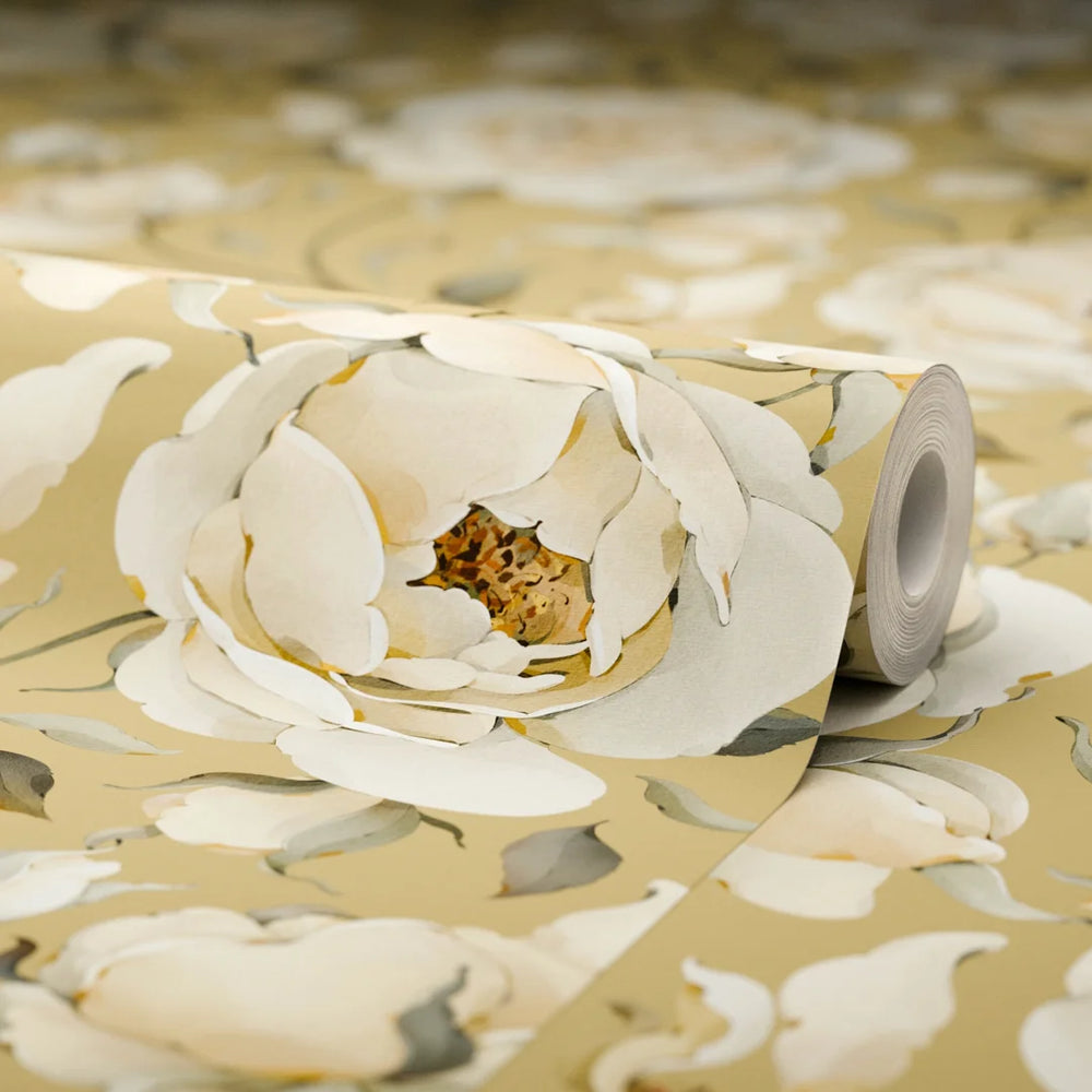 Enchanted Roses Wallpaper - Ivory on Antique Gold - Lucie Annabel