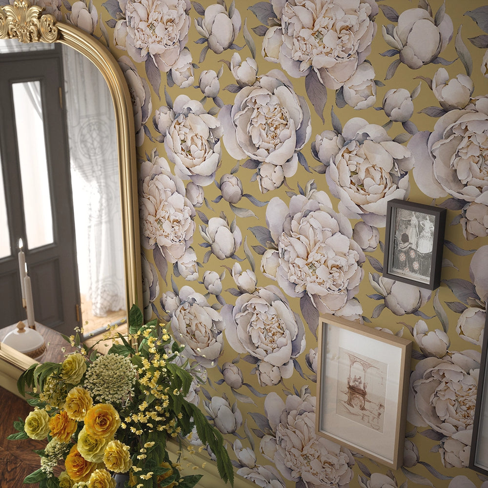 English Garden Peonies Wallpaper - Antique Gold - Lucie Annabel