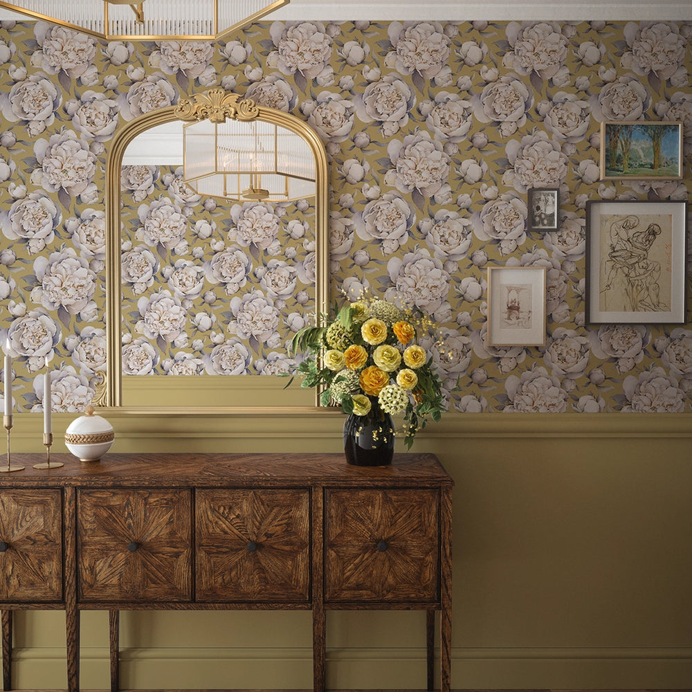 English Garden Peonies Wallpaper - Antique Gold - Lucie Annabel