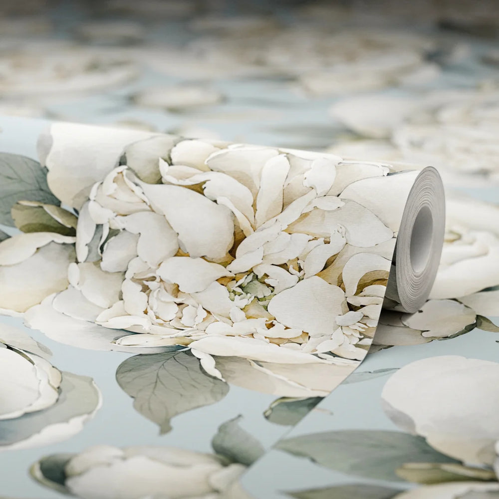 English Garden Peonies Wallpaper - Mineral Mist - Lucie Annabel