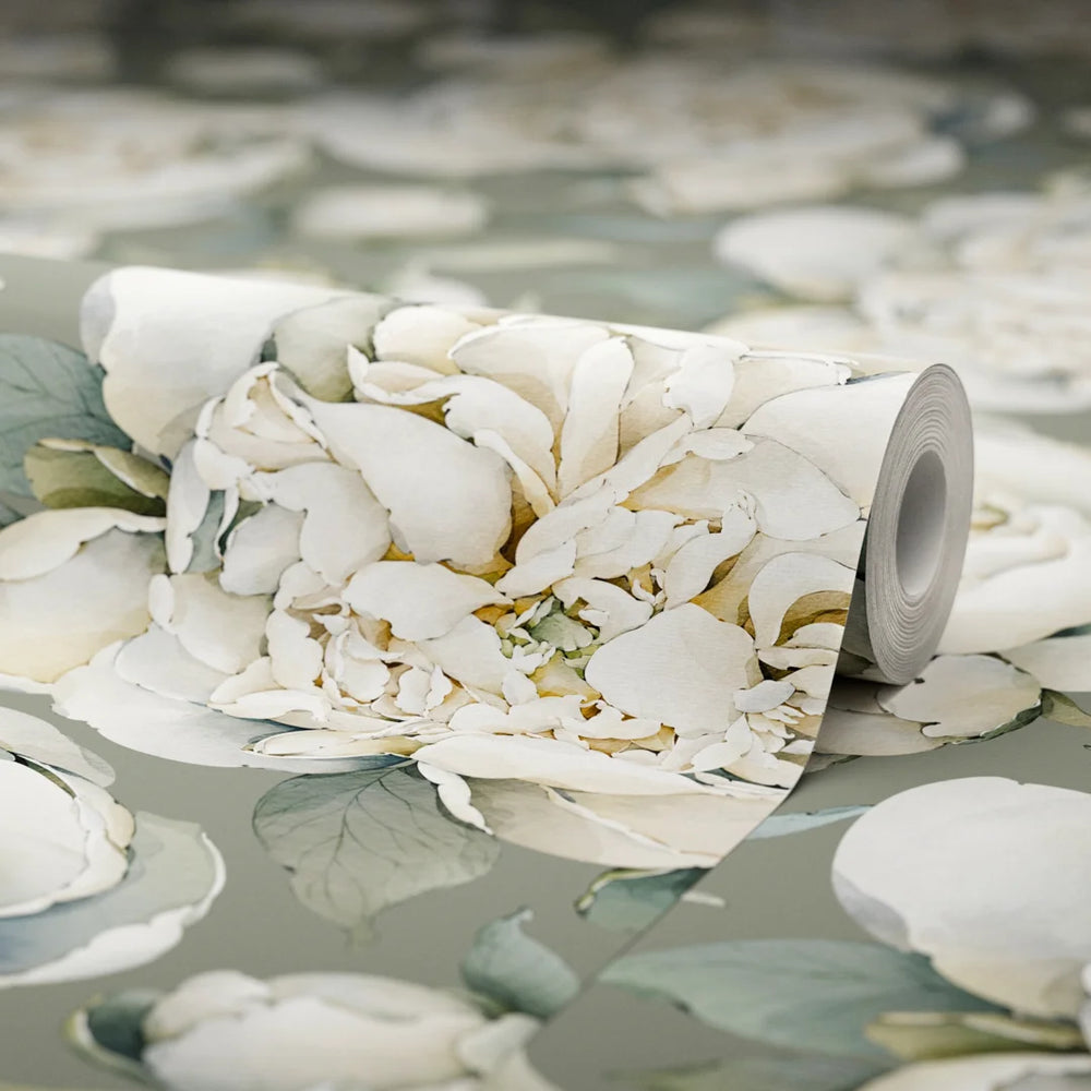 English Garden Peonies Wallpaper - Wild Nettle Green - Lucie Annabel