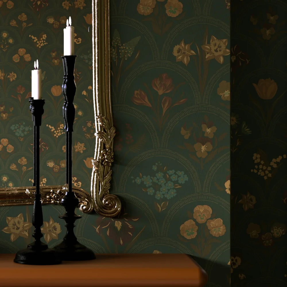 Flowers for Victoria Wallpaper - Rural Tones on Pine Green - Lucie Annabel