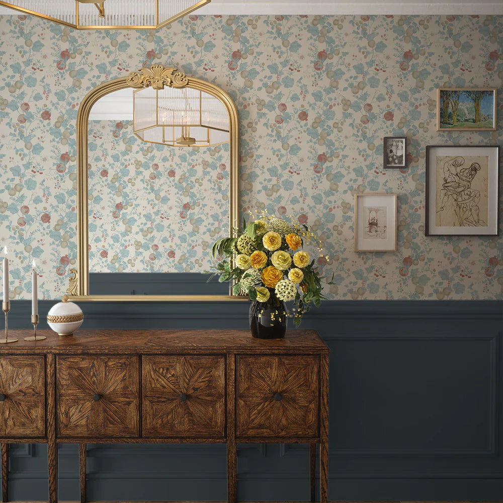 Forgotten Fruit Wallpaper - Duck Egg & Pomegranate on Vintage Cream - Lucie Annabel