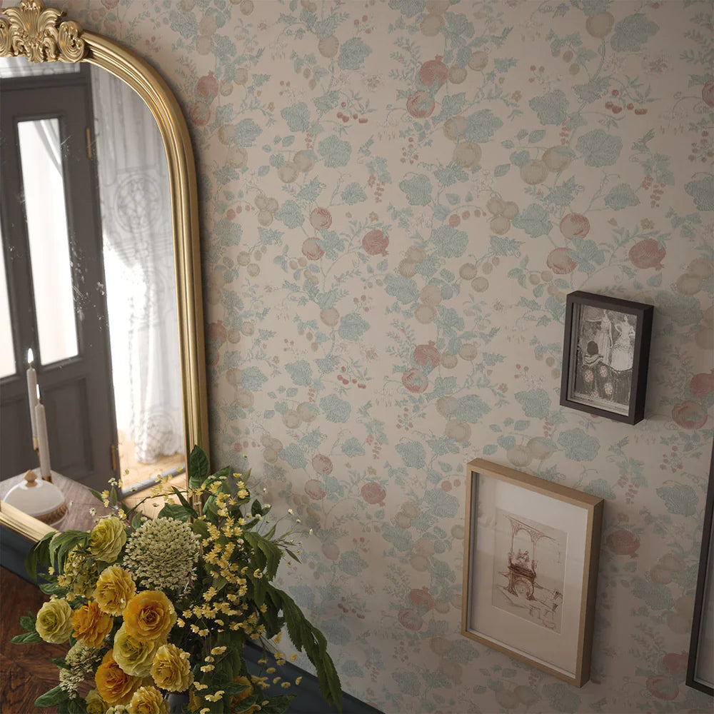 Forgotten Fruit Wallpaper - Duck Egg & Pomegranate on Vintage Cream - Lucie Annabel