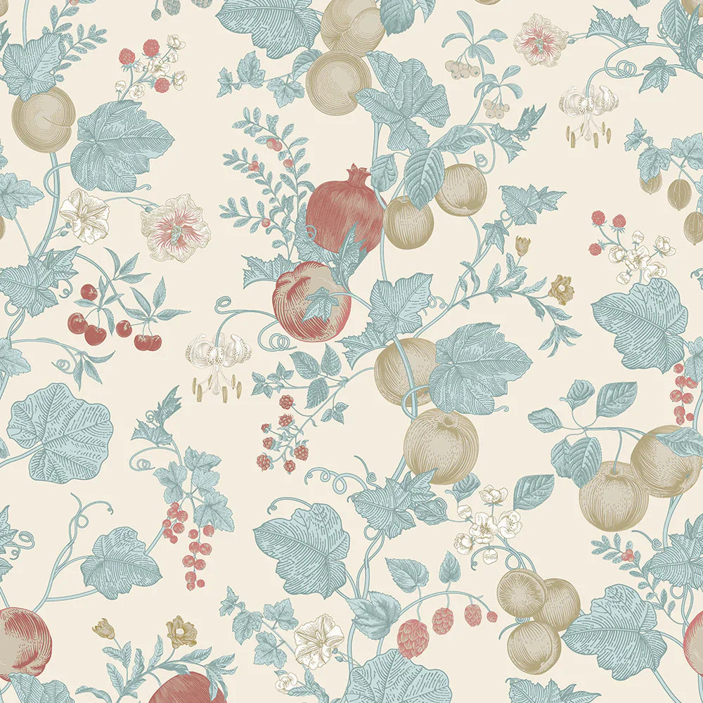 Forgotten Fruit Wallpaper - Duck Egg & Pomegranate on Vintage Cream - Lucie Annabel