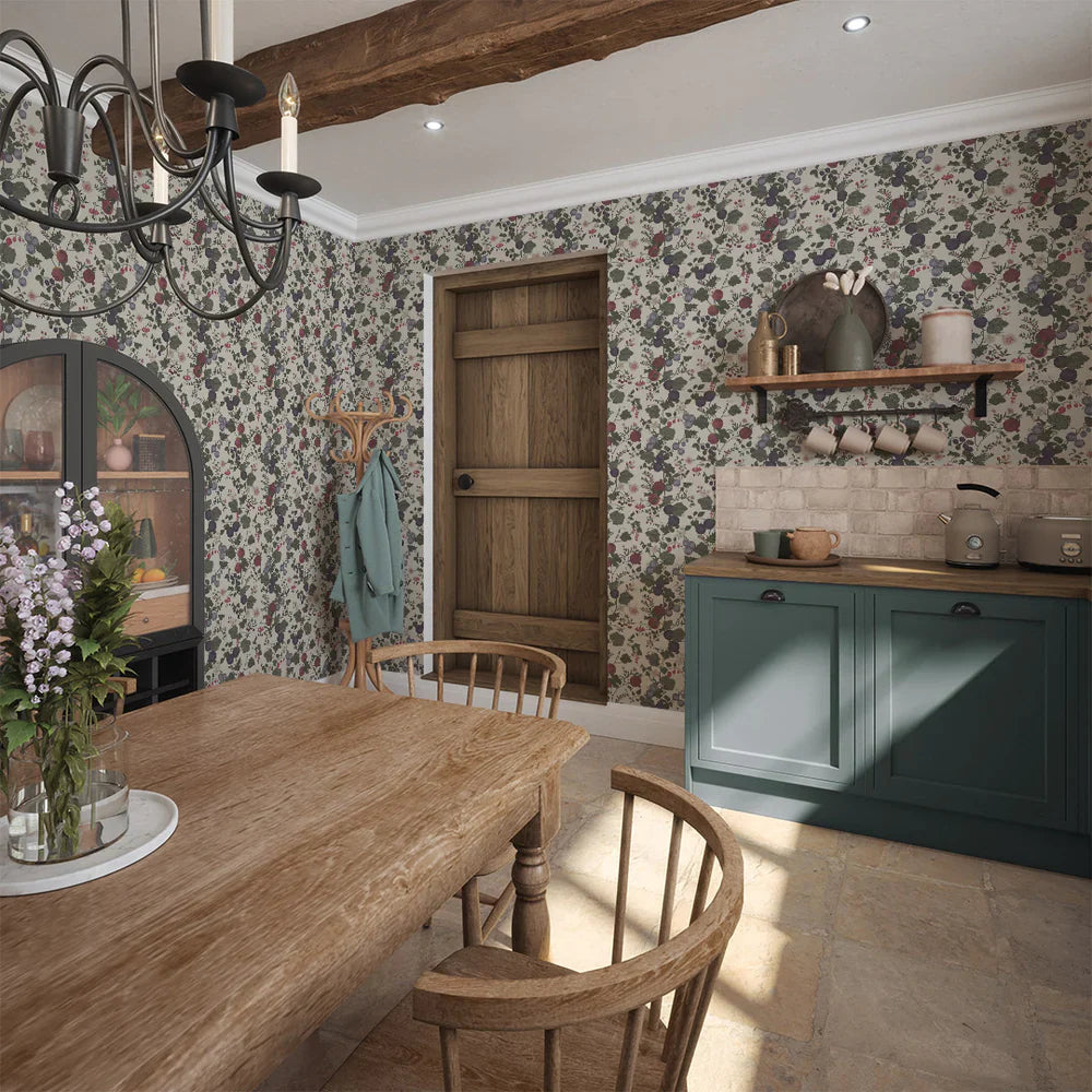 Forgotten Fruit Wallpaper - Nettle Green, Wild Plum & Lavender on Vintage Cream - Lucie Annabel
