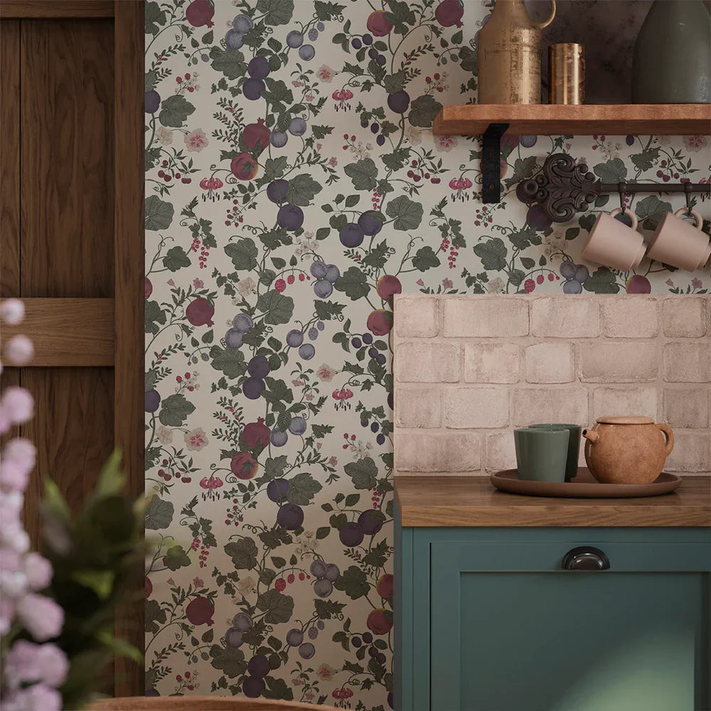Forgotten Fruit Wallpaper - Nettle Green, Wild Plum & Lavender on Vintage Cream - Lucie Annabel