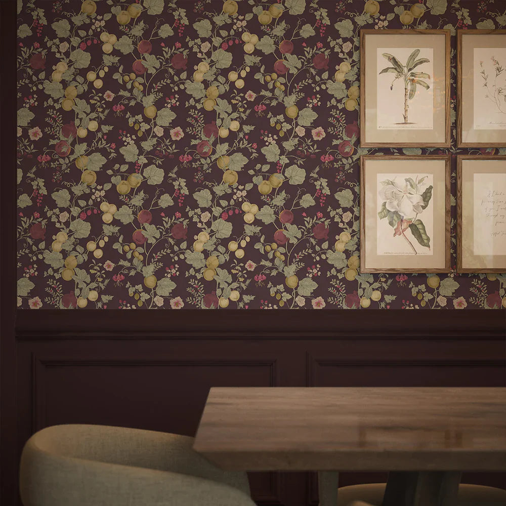 Forgotten Fruit Wallpaper - Sage Green, Raspberry & Gold on Wild Plum - Lucie Annabel