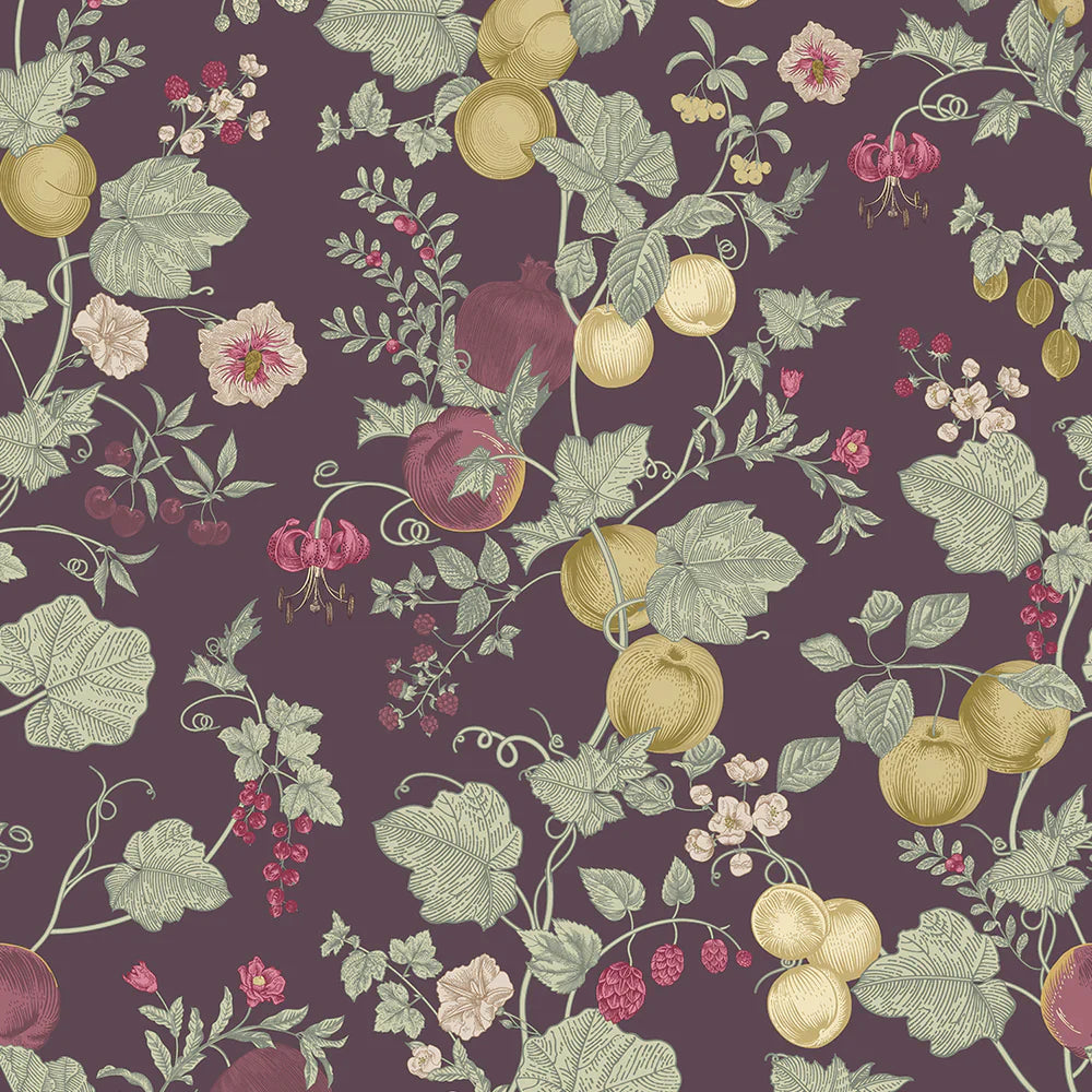 Forgotten Fruit Wallpaper - Sage Green, Raspberry & Gold on Wild Plum - Lucie Annabel