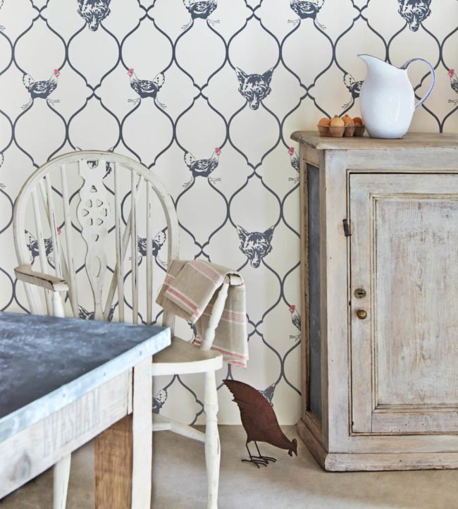 Fox And Hen Wallpaper - Charcoal on parchment - BG0900-102 - Barneby Gates
