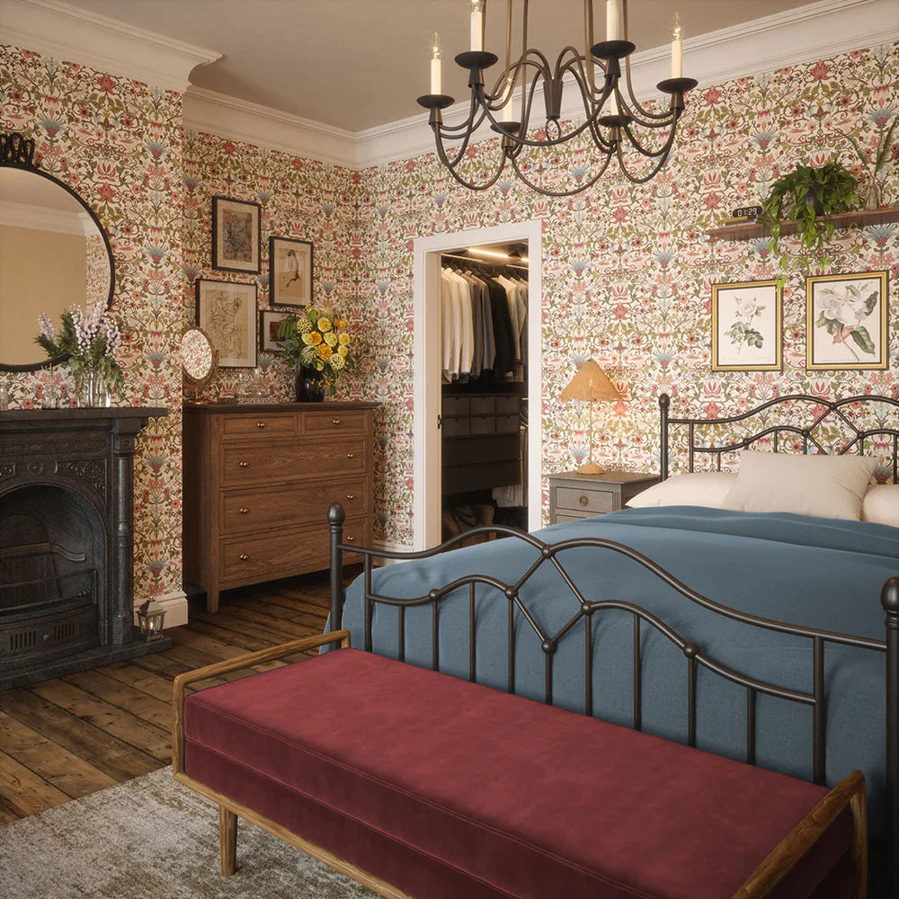 Garden Visitors Wallpaper - Raspberry, Mineral & Olive on Windsor Cream - Lucie Annabel