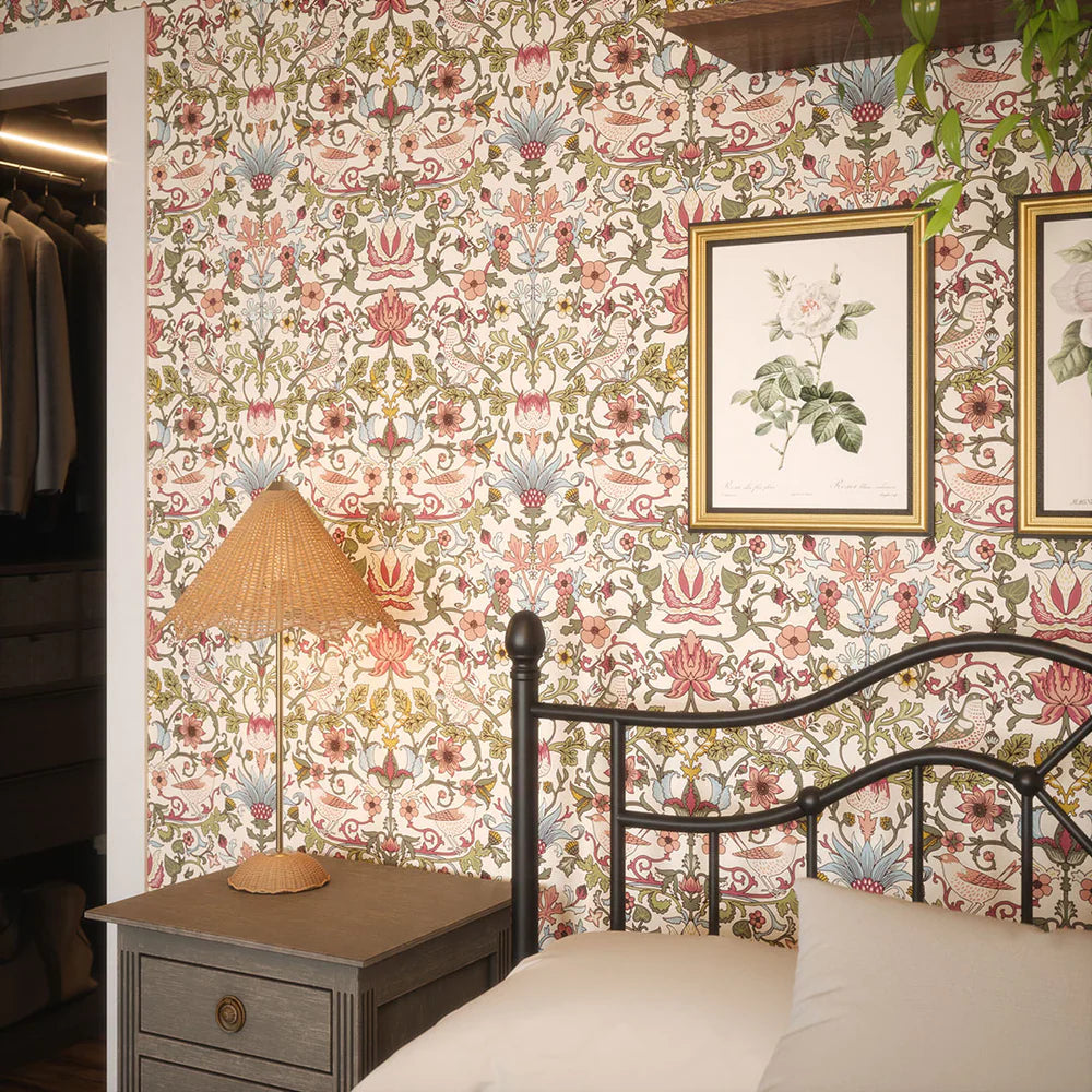 Garden Visitors Wallpaper - Raspberry, Mineral & Olive on Windsor Cream - Lucie Annabel