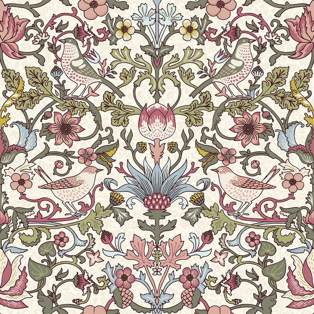 Garden Visitors Wallpaper - Raspberry, Mineral & Olive on Windsor Cream - Lucie Annabel