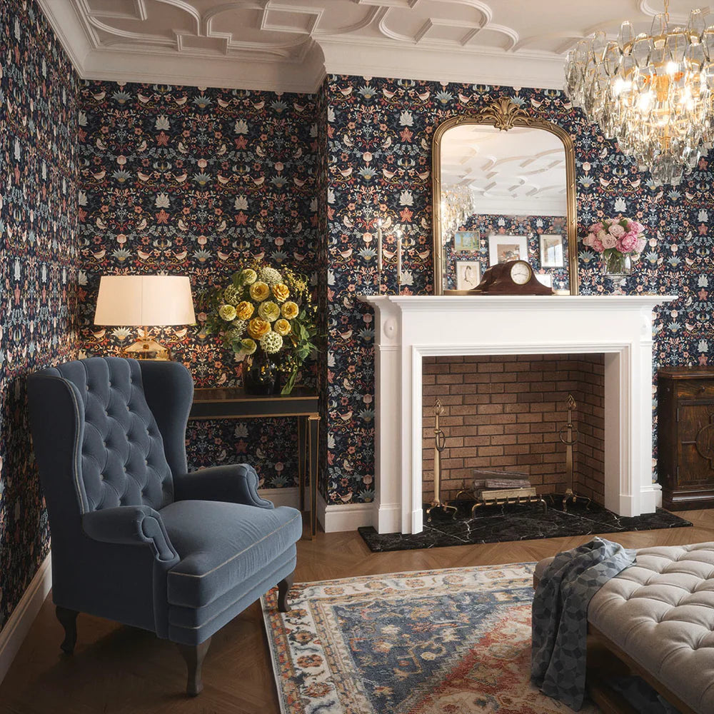 Garden Visitors Wallpaper - Shades of Rose & Mineral on Royal Navy - Lucie Annabel