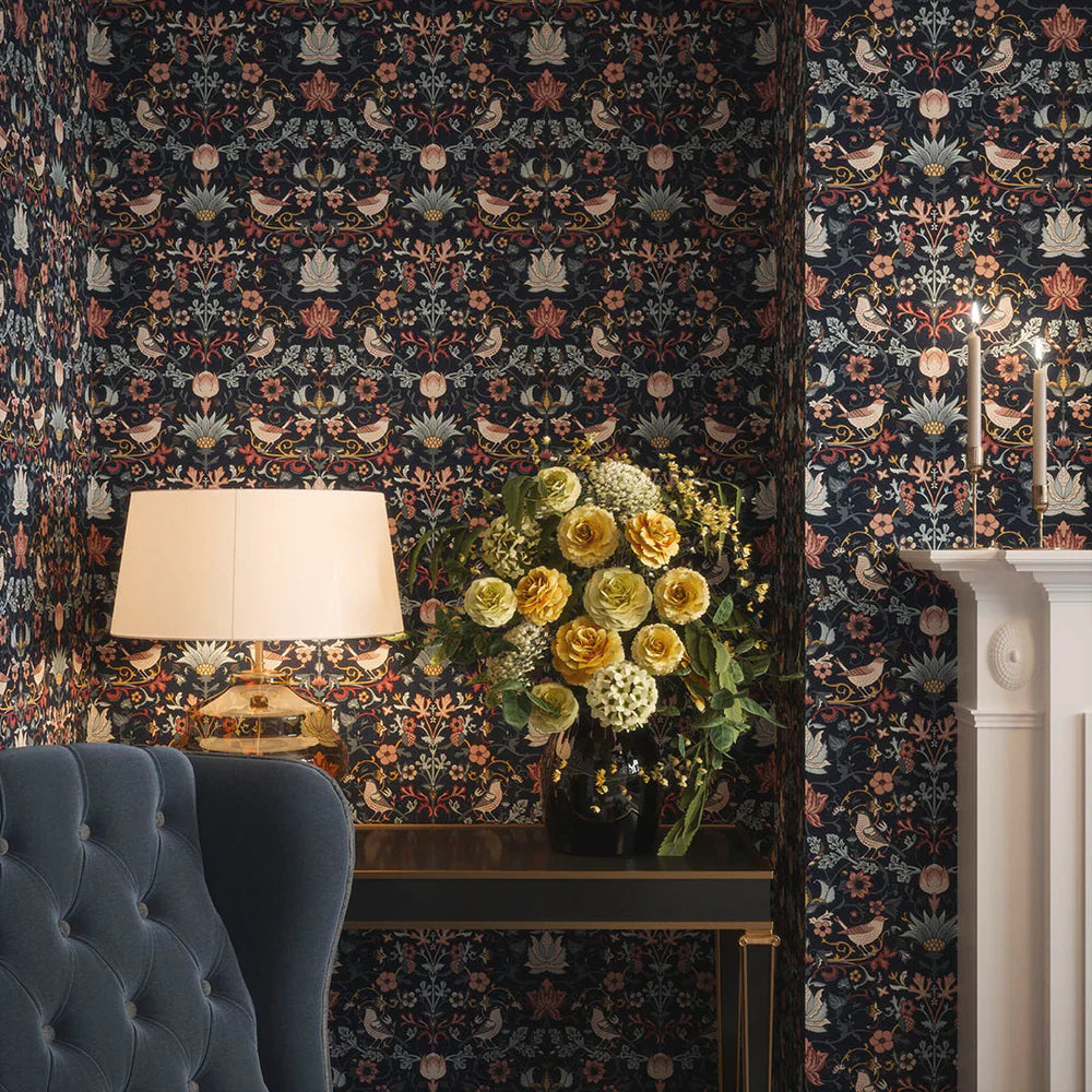 Garden Visitors Wallpaper - Shades of Rose & Mineral on Royal Navy - Lucie Annabel