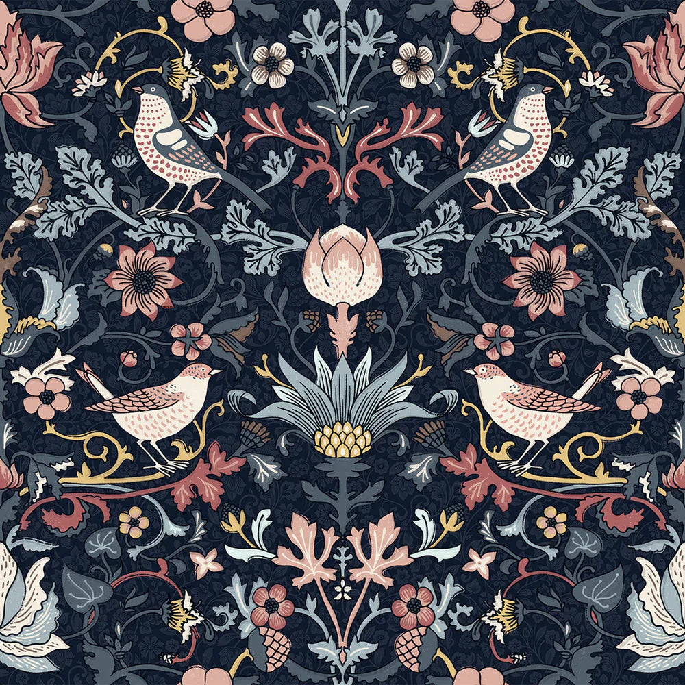 Garden Visitors Wallpaper - Shades of Rose & Mineral on Royal Navy - Lucie Annabel