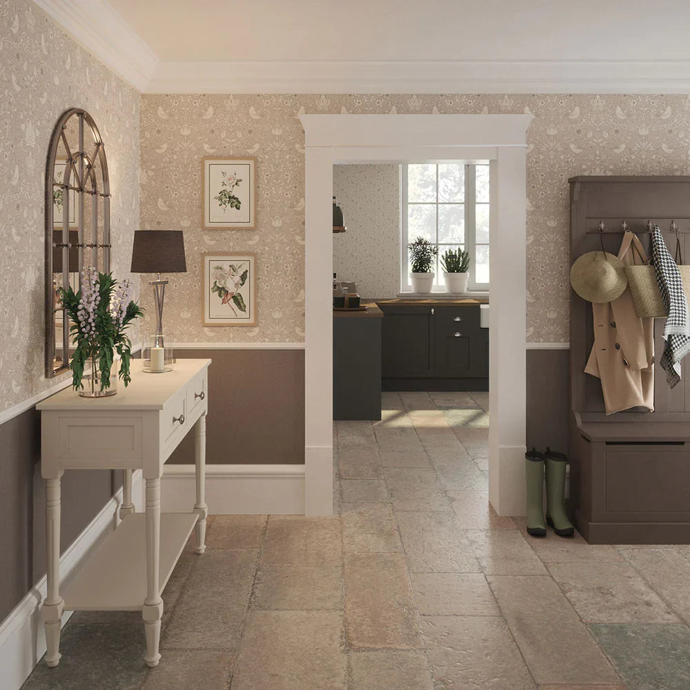 Garden Visitors Wallpaper - Vintage Cream & Linen on Dove Grey - Lucie Annabel