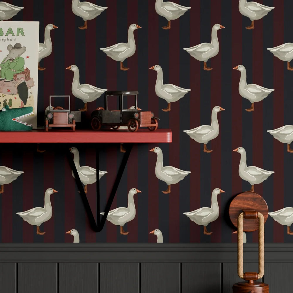 Guard Goose Wallpaper - Garnet & Oxford Blue - Lucie Annabel