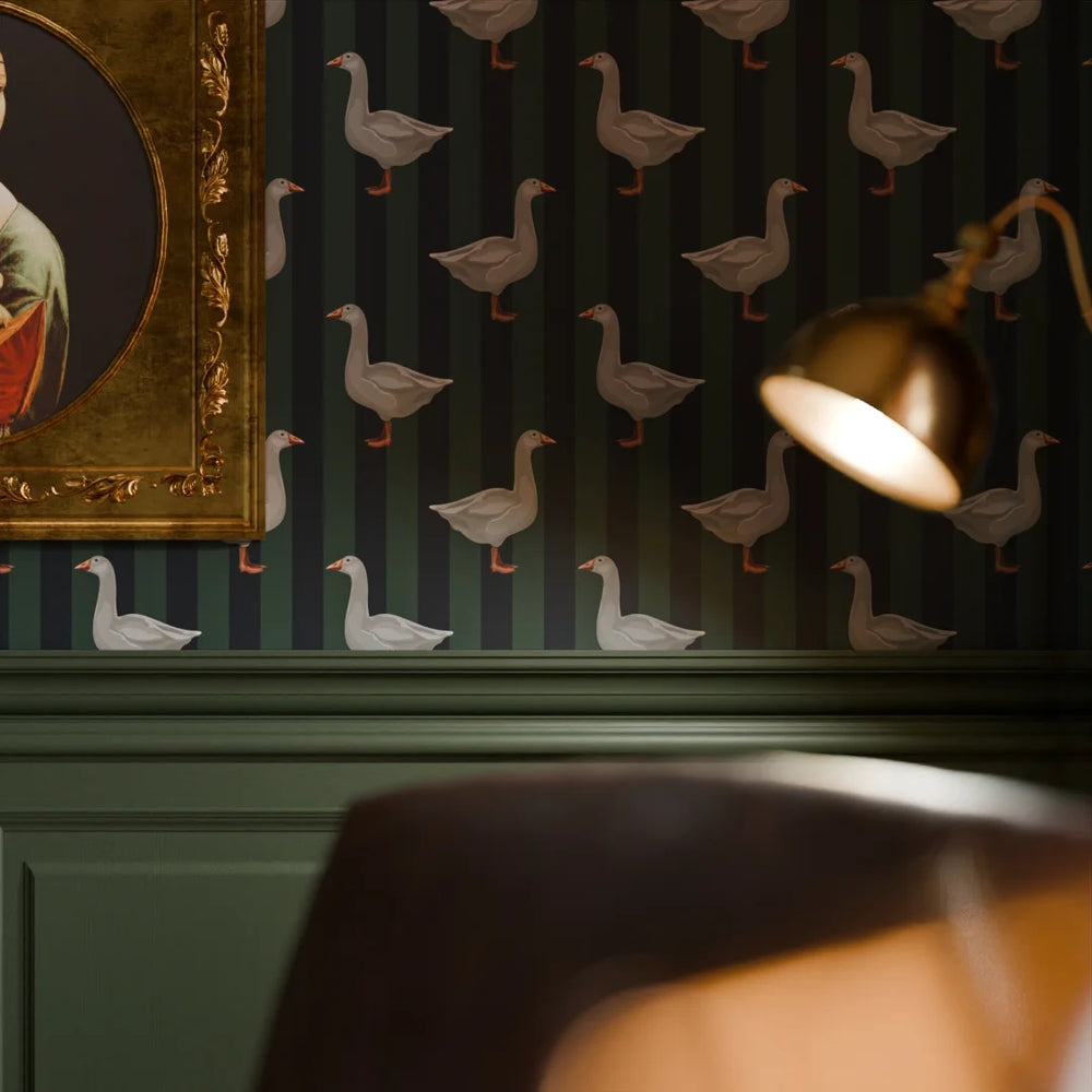 Guard Goose Wallpaper - Oxford Blue & Pine Green - Lucie Annabel
