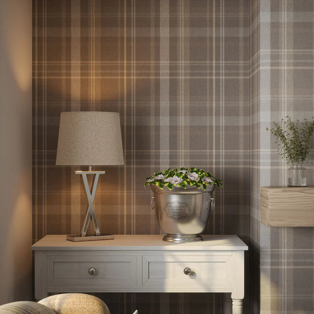 Heritage Tartan Wallpaper - Earl Blue & Vintage Cream on Earl Grey - Lucie Annabel