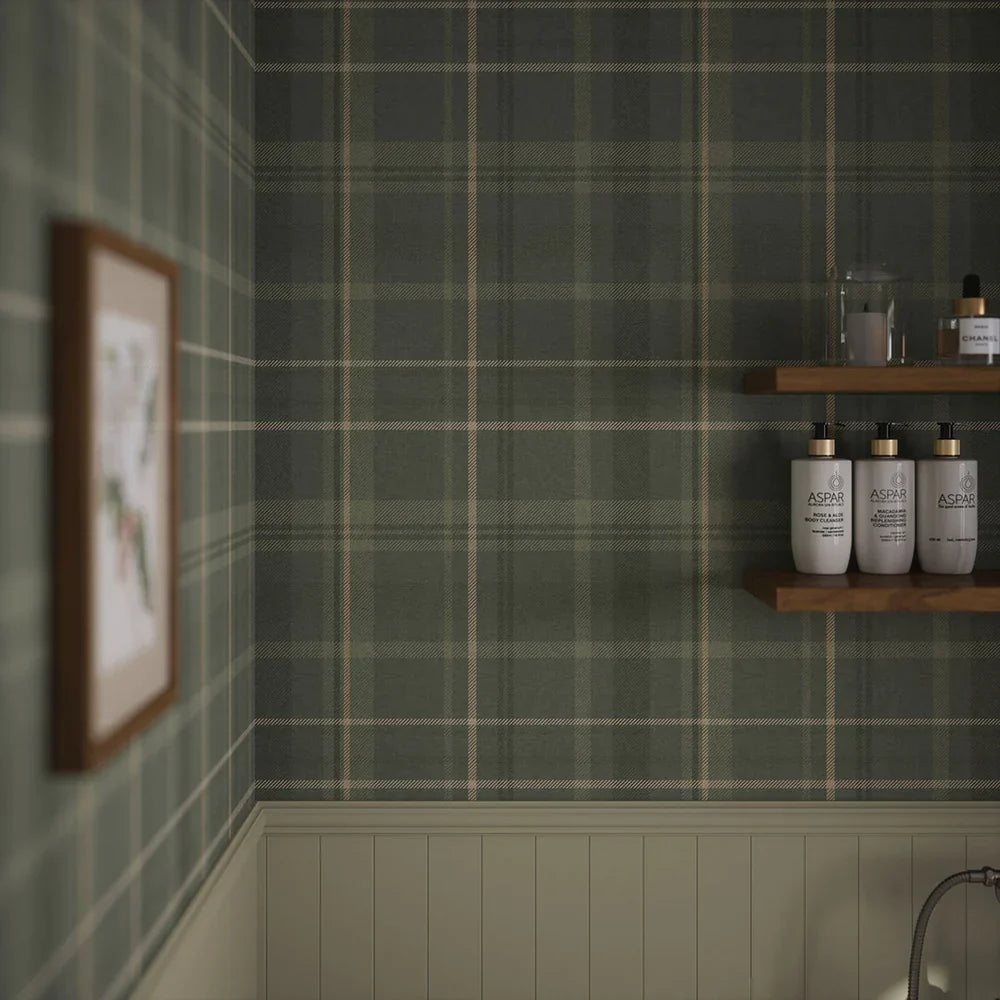 Heritage Tartan Wallpaper - Nettle Green & Vintage Cream - Lucie Annabel