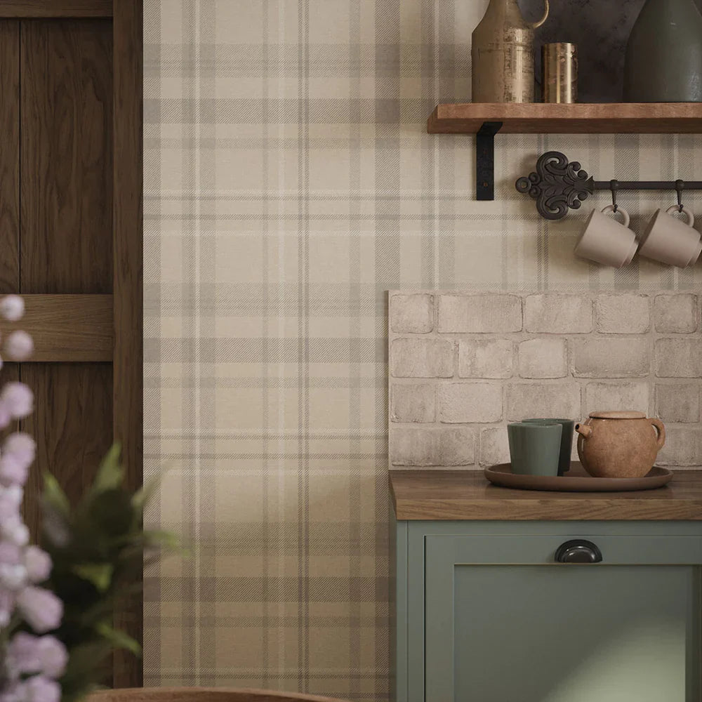 Heritage Tartan Wallpaper - Vintage Cream & Vintage Grey - Lucie Annabel