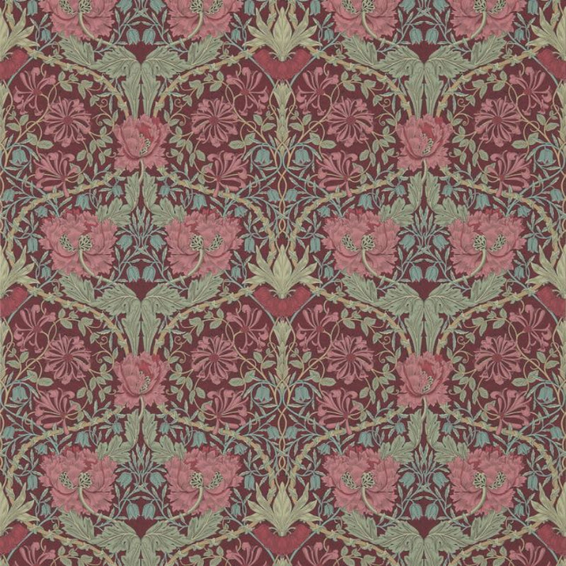 Honeysuckle & Tulip Wallpaper - Burgundy/Sage - 214703 - Morris & Co