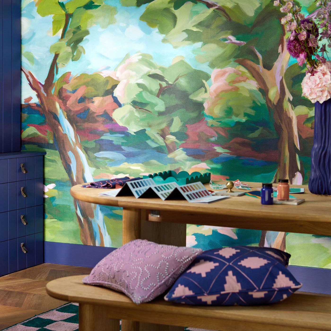 In The Woods Wallpaper - Sky/Emerald/Carnelian - HSRW113068 - Harlequin