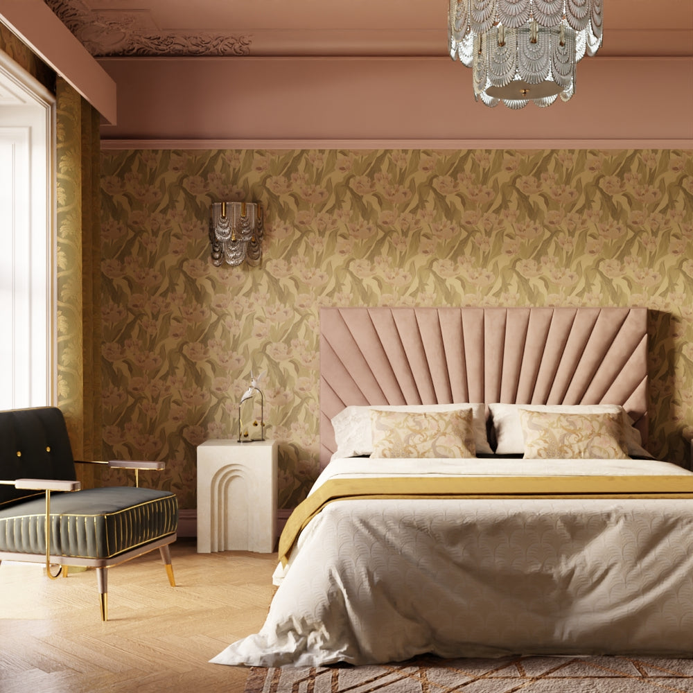 Monet Wallpaper - Olive & Dusty Pink on Ochre - Lucie Annabel