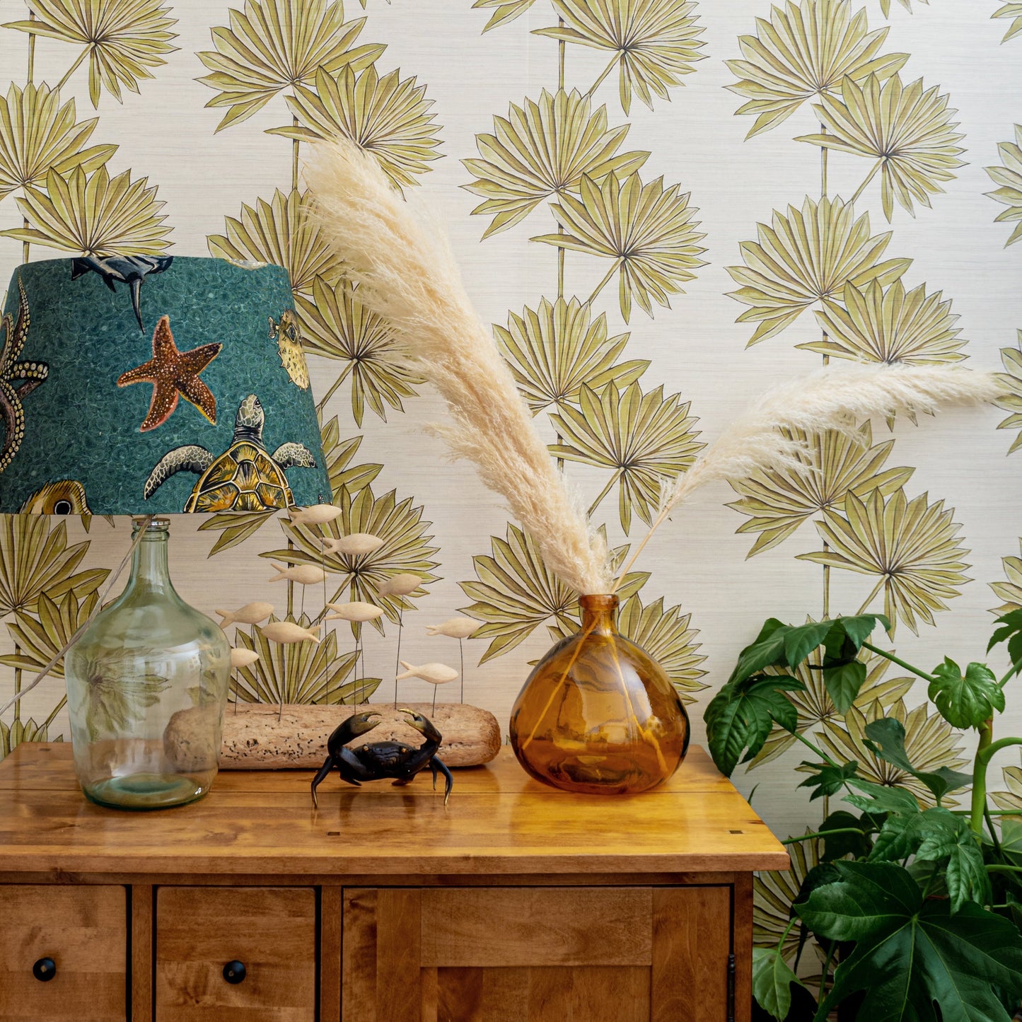 Palmetto Blanca Fabric with 100% Linen - Green - Wear The Walls