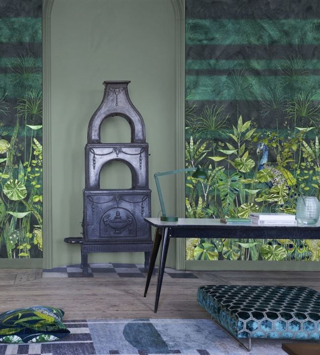 Arjuna Leaf With Peacock Room Wallpaper - Green