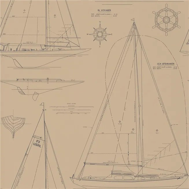 Boat Blueprint Vintage Blue Wallpaper
