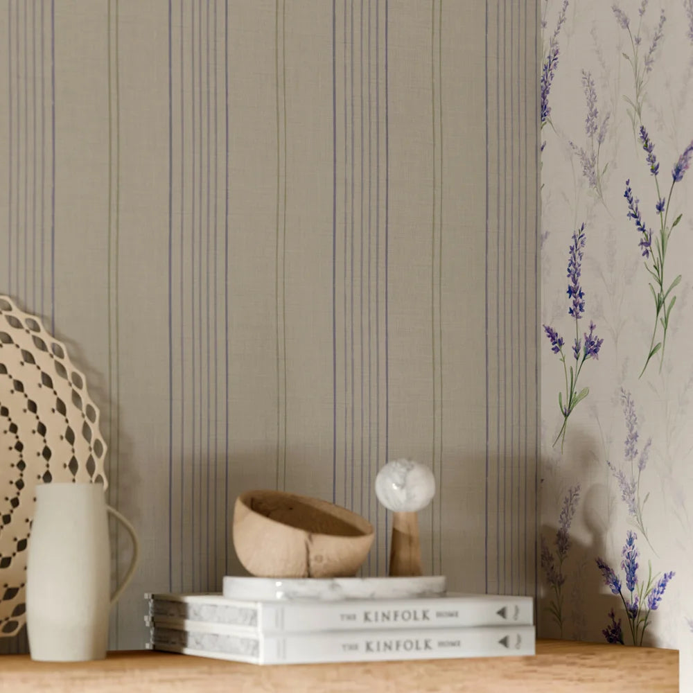 Painted Pinstripes Wallpaper - Lavender, Sage Green & Vintage Cream - Lucie Annabel