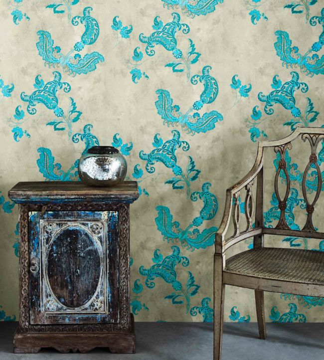 Paisley Wallpaper - Turquoise on Old Grey - BG0800-202 - Barneby Gates