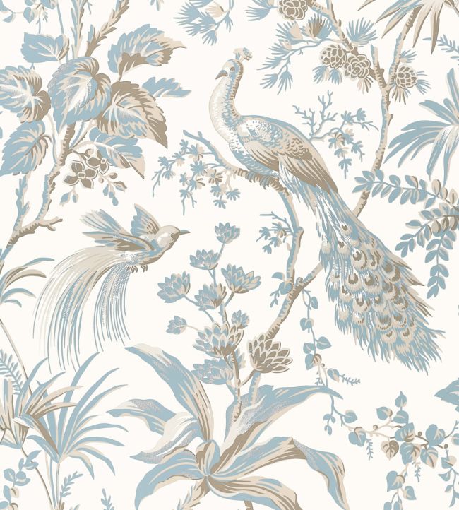 Peacock Toile Wallpaper - Soft Blue and Beige - AT57828 - Anna French