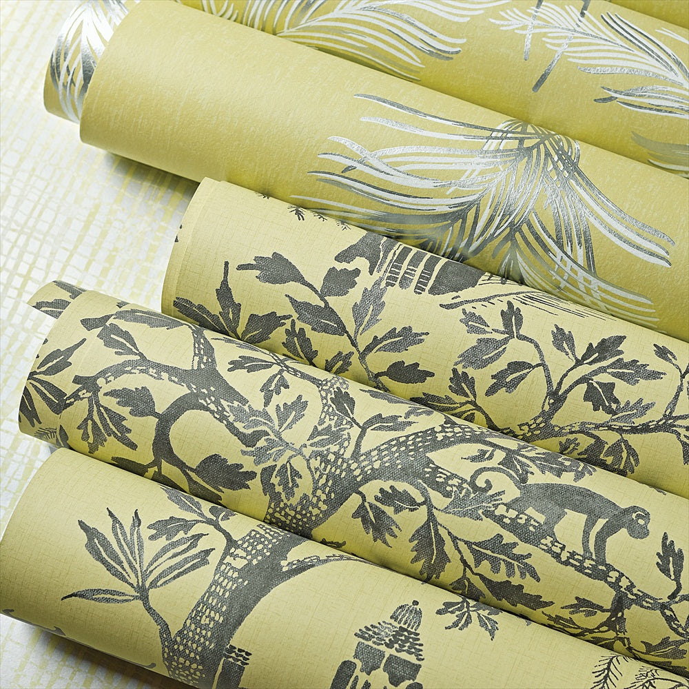 Plumes Wallpaper - Metallic Silver on Citron - AT7925 - Anna French