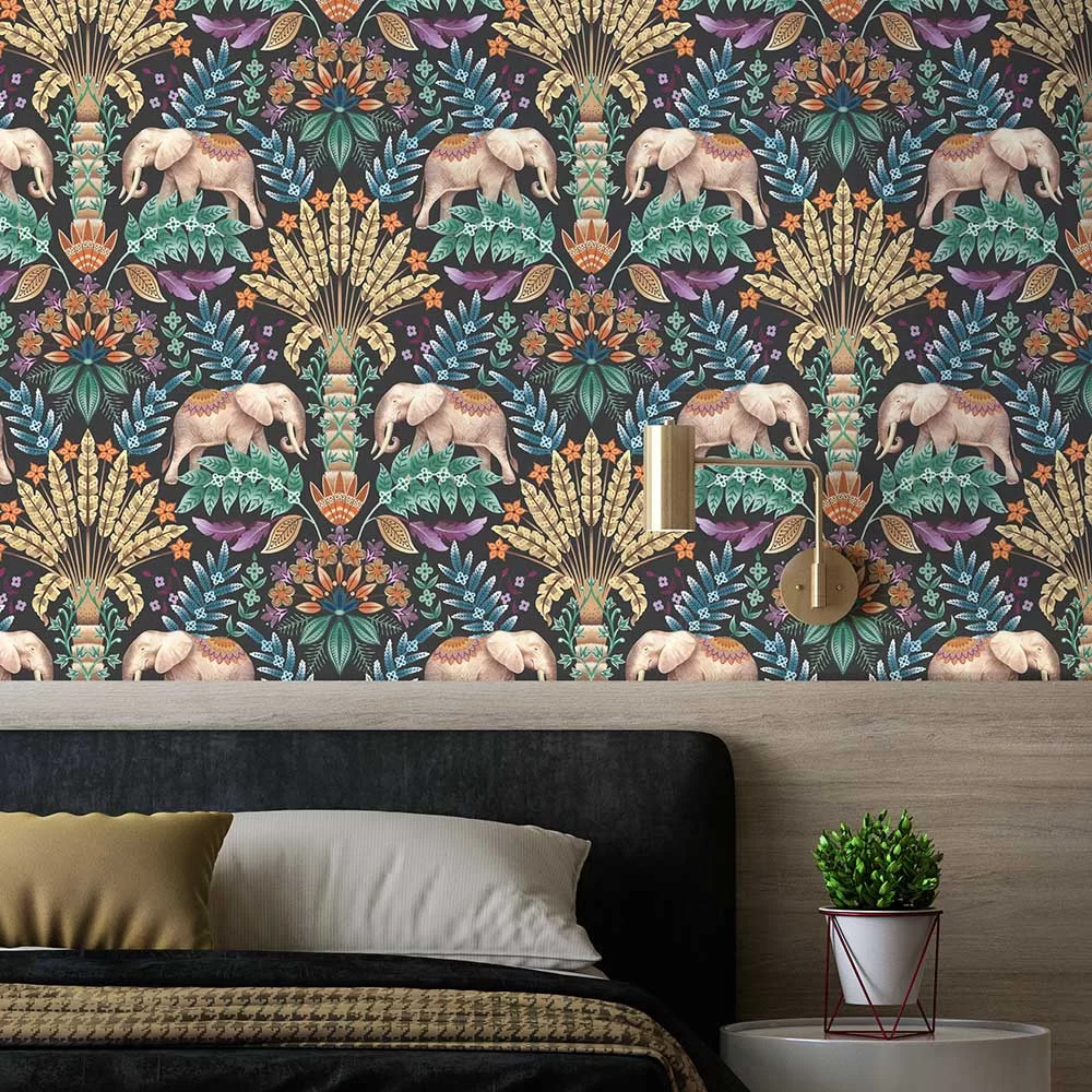 Exotic Elephant Wallpaper - Charcoal - The Graduate Collection
