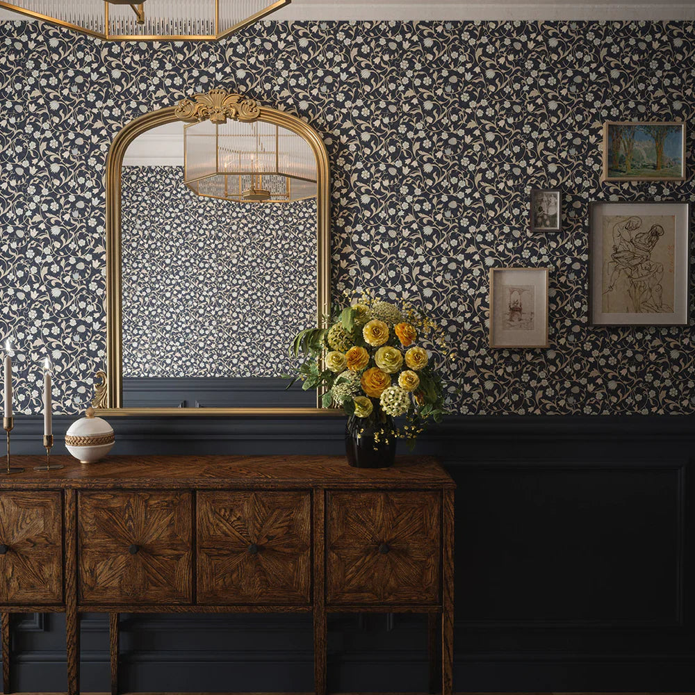 Rosehill Cottage Wallpaper - Duck Egg & Vintage Cream on Classic Navy - Lucie Annabel