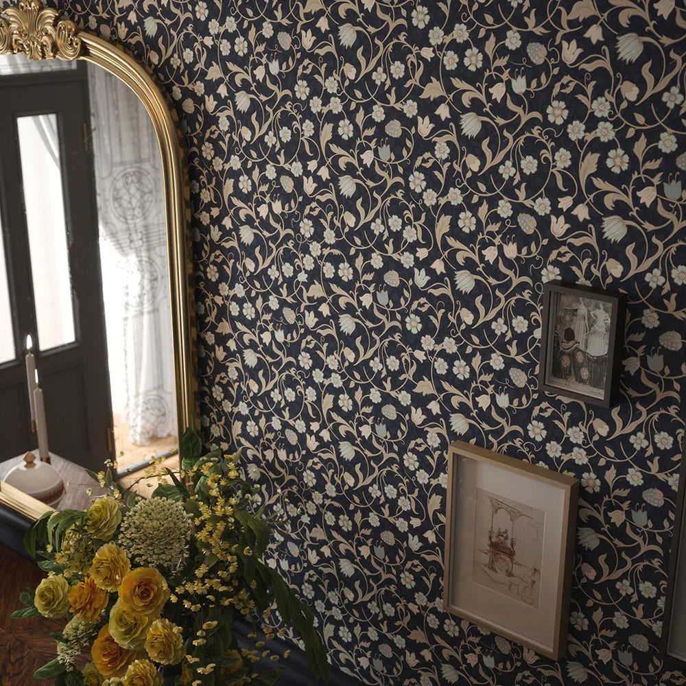 Rosehill Cottage Wallpaper - Duck Egg & Vintage Cream on Classic Navy - Lucie Annabel