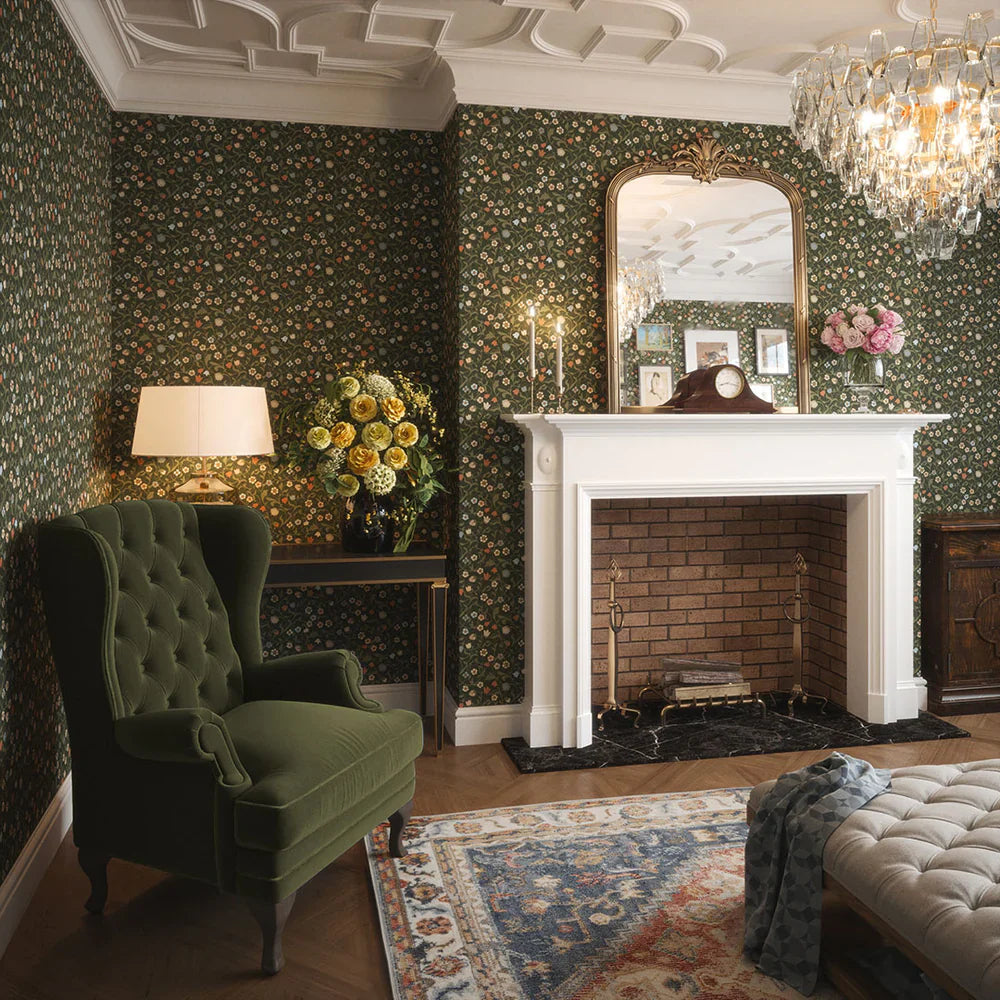 Rosehill Cottage Wallpaper - Peach & Soft Blue on Juniper - Lucie Annabel